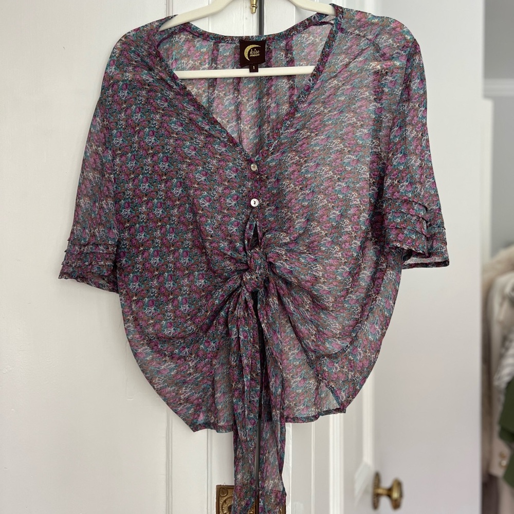 Blu Moon Short Sleeve Tie Front Floral Print Blouse